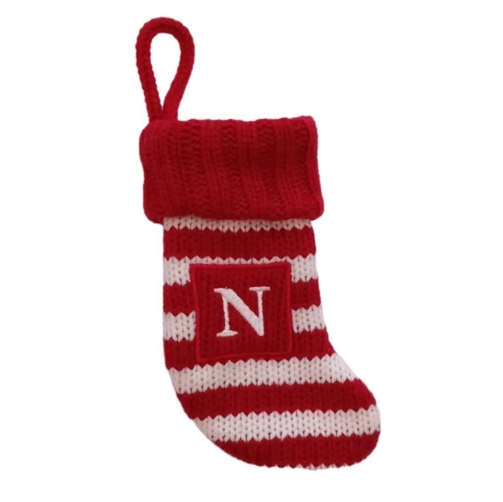 Small Knit Christmas Stocking Monogram Letter N White & Red Candy Cane Stripe